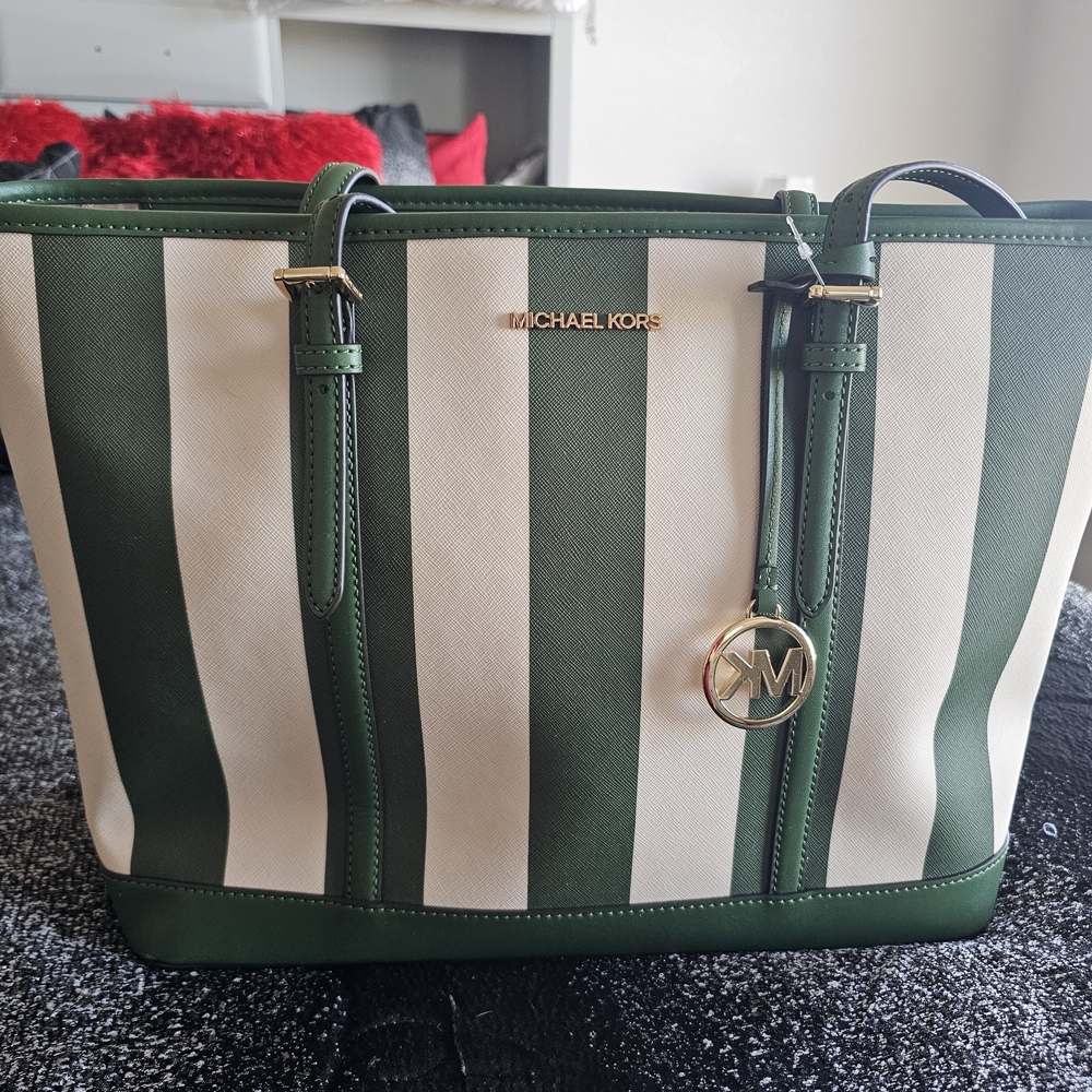 Michael Kors Green and White Striped Tote Bag